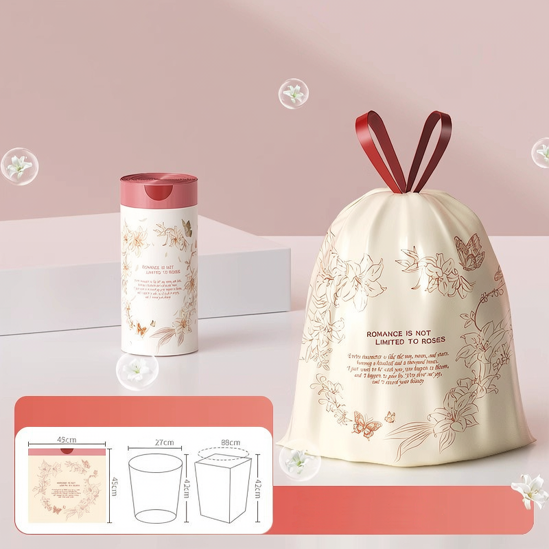 Tear-resistant, drawstring, extra-thick patterned trash bags