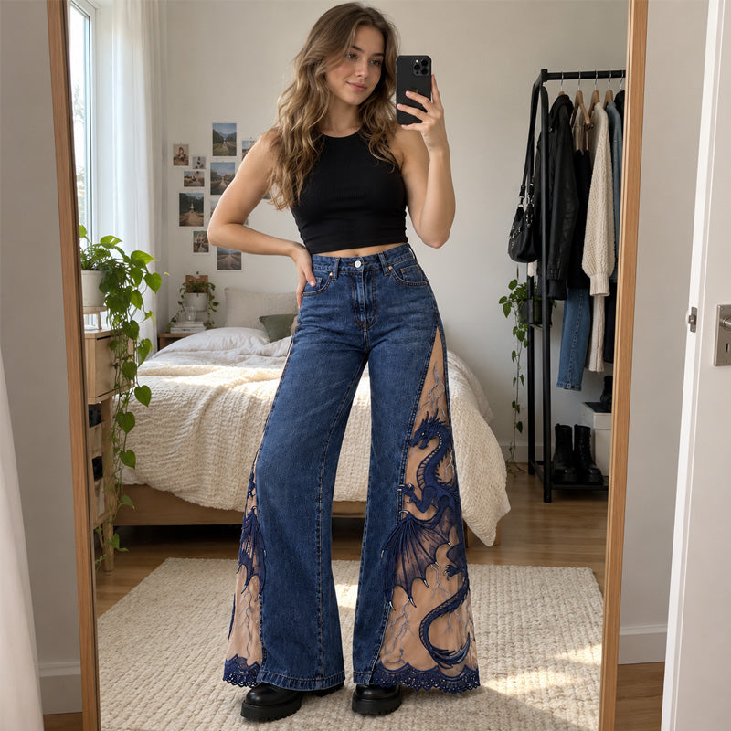 Dragon Lace Wide-Leg Jeans