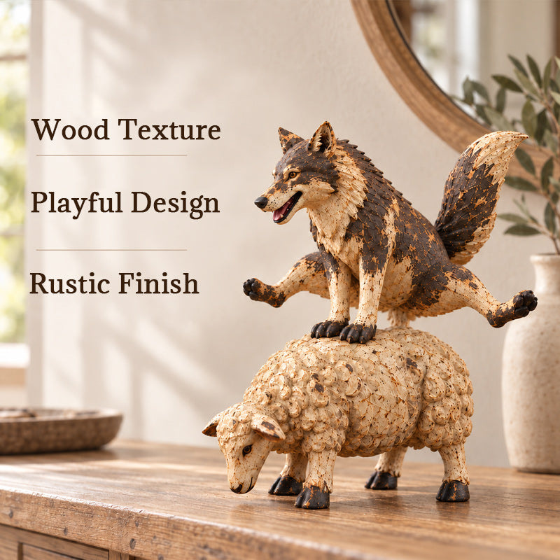 Funny Wolf Riding a Sheep Figurine