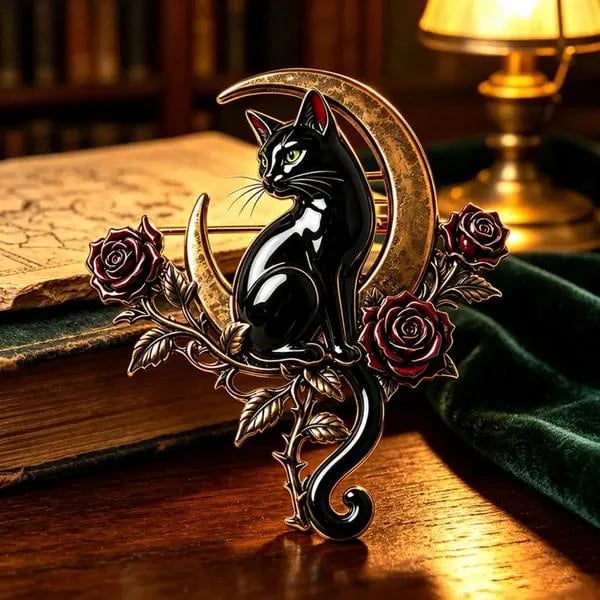 🐈‍⬛ Black Cat Crescent Moon Brooch--Wear a Little Midnight Magic🌙