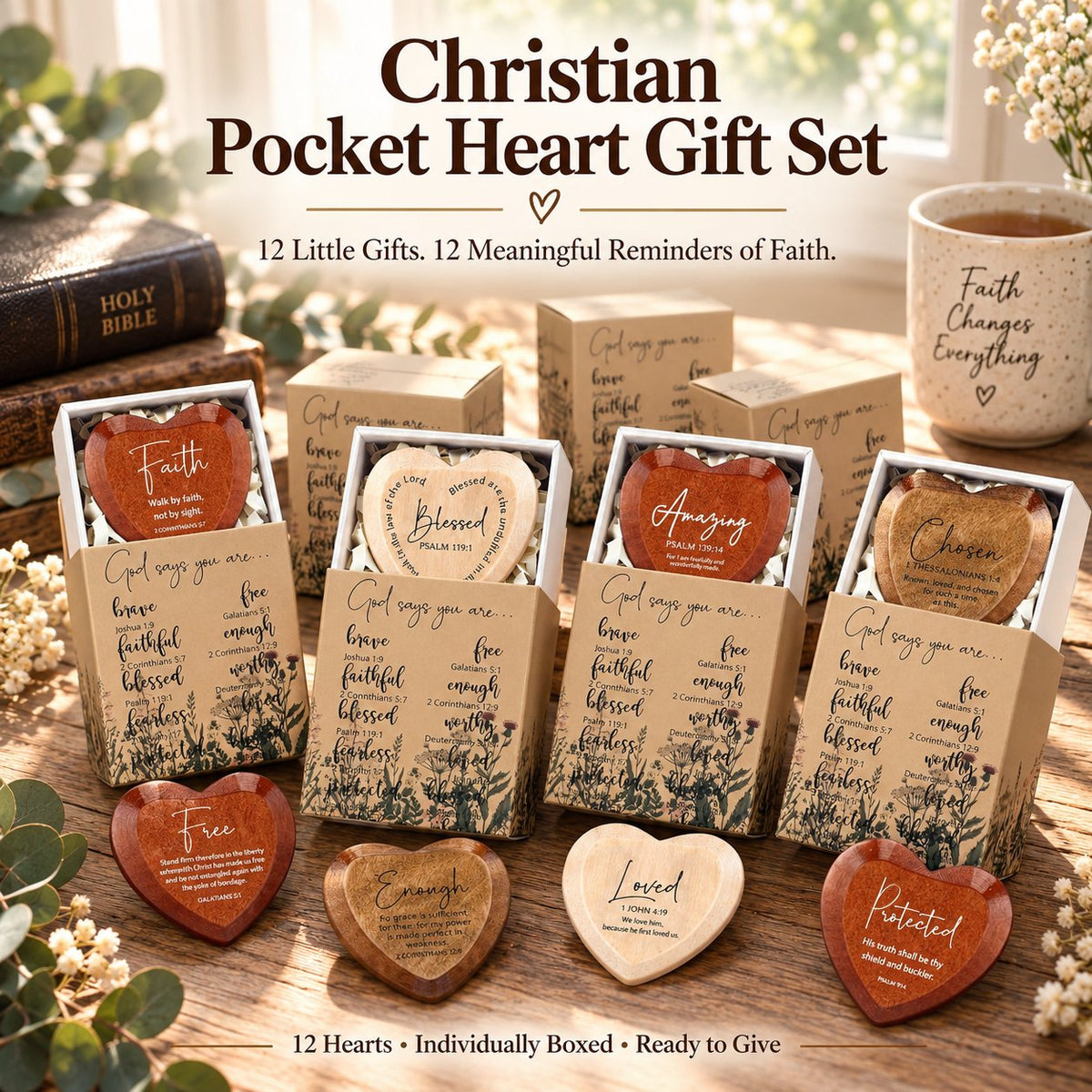 Faith-inspired wooden pocket heart gift set with twelve individual boxes