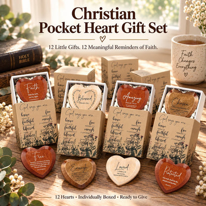 Faith-inspired wooden pocket heart gift set with twelve individual boxes