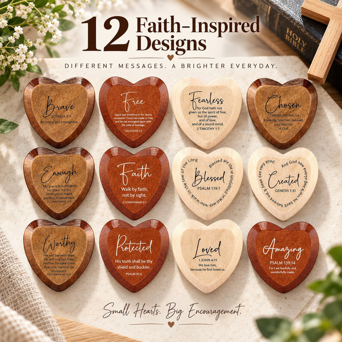 Twelve wooden pocket hearts with uplifting faith-inspired messages