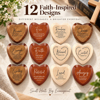 Twelve wooden pocket hearts with uplifting faith-inspired messages