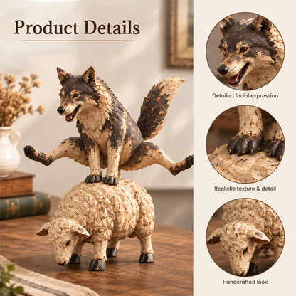 Funny Wolf Riding a Sheep Figurine