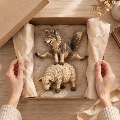 Funny Wolf Riding a Sheep Figurine