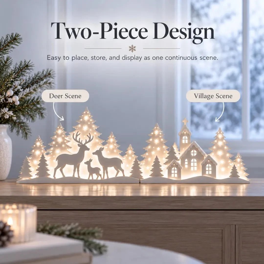 🦌 Illuminated Christmas decorations for the window – reindeer & village | 2-piece LED set ✨
