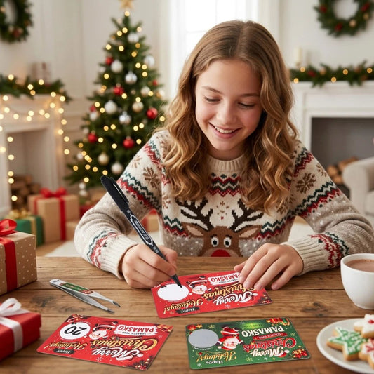 Christmas scratch cards with red and green festive designs