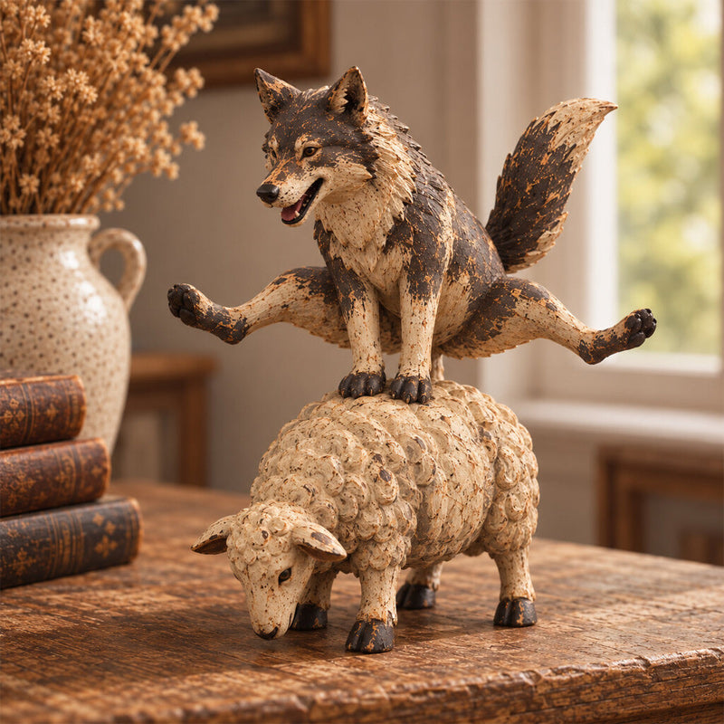 Funny Wolf Riding a Sheep Figurine