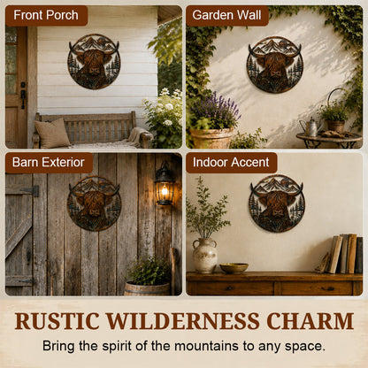 Highland Cow Mountain Scene Metal Wall
