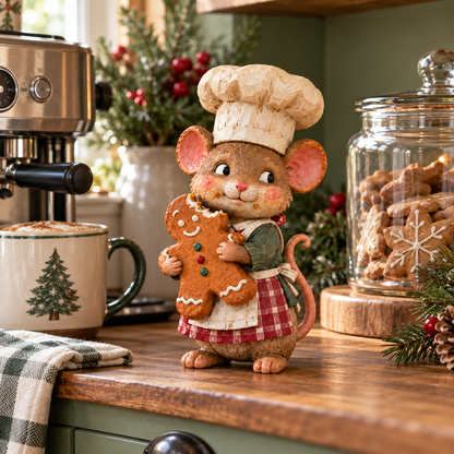Vintage Gingerbread Mouse Baker Figurine – Whimsical Christmas Kitchen Decor
