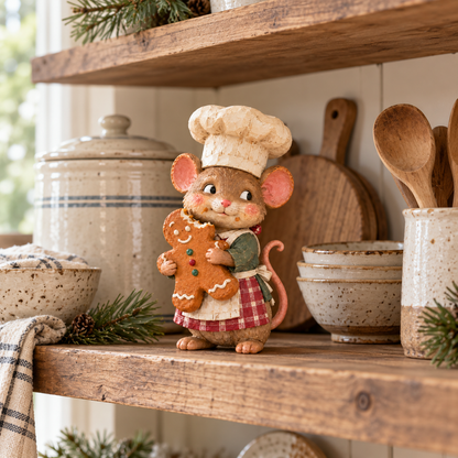 Vintage Gingerbread Mouse Baker Figurine – Whimsical Christmas Kitchen Decor