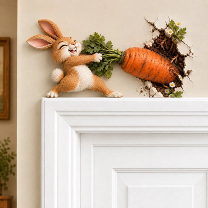 🐰🥕 Funny Bunny Pulling Carrot Wall Decor — 3D Wall-Breakthrough Wooden Spring & Easter Decoration