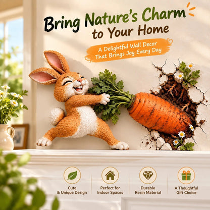 🐰🥕 Funny Bunny Pulling Carrot Wall Decor — 3D Wall-Breakthrough Wooden Spring & Easter Decoration
