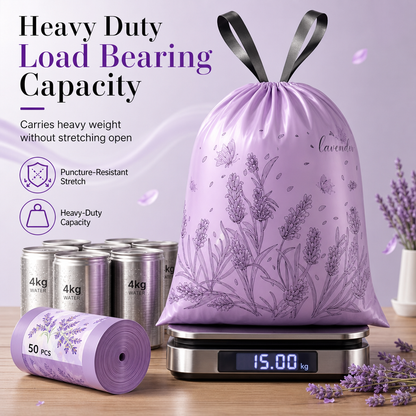 Tear-resistant, drawstring, extra-thick patterned trash bags